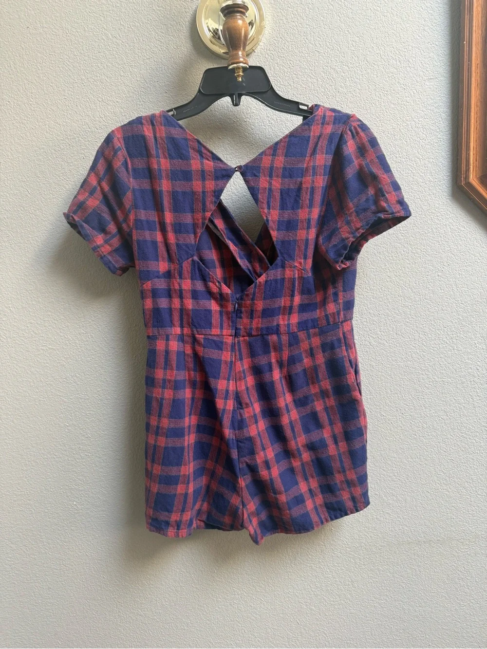 Plaid Short Sleeve Wrap Romper in Navy and Red
